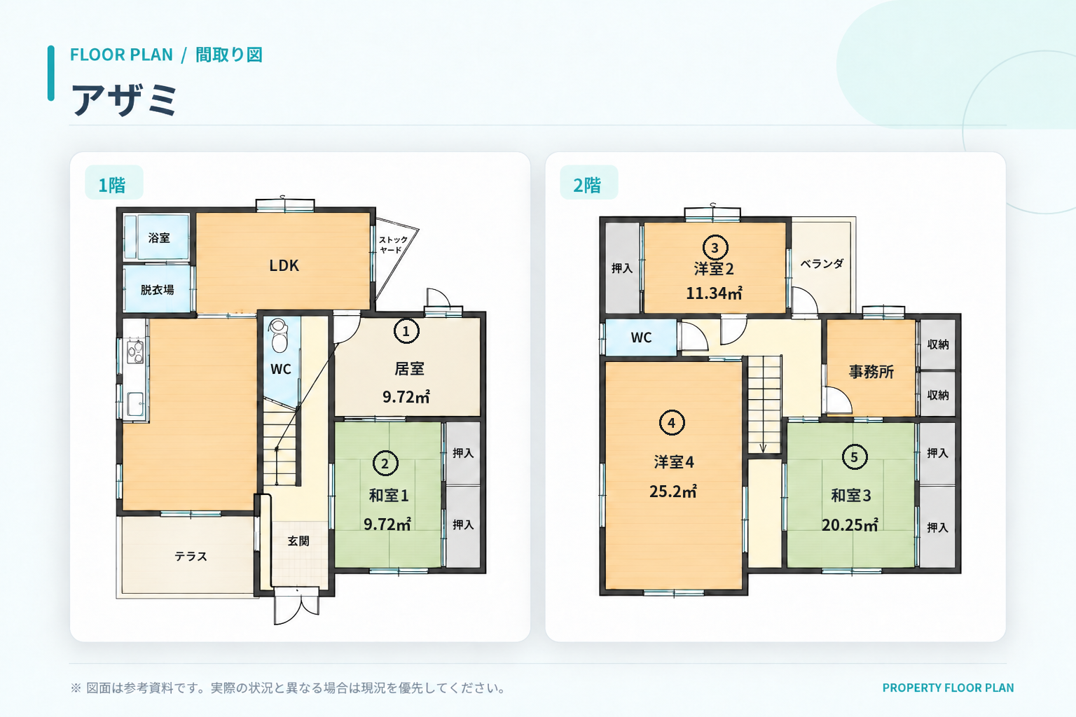 アザミの間取り図。1階は居室9.72㎡・和室1が9.72㎡。2階は洋室2が11.34㎡・洋室4が25.2㎡・和室3が20.25㎡。
