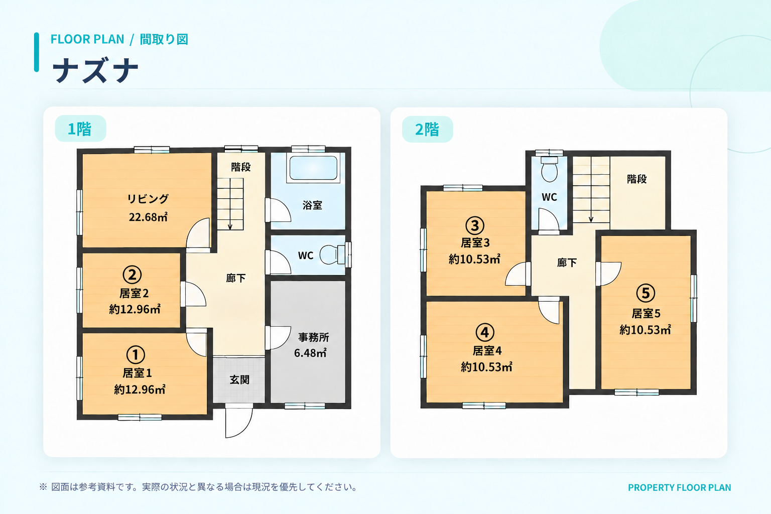 ナズナの間取り図。居室1・2は各約12.96㎡、居室3・4・5は各約10.53㎡。